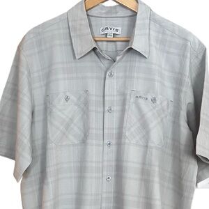 Orvis Hiking Camping Button Up Short Sleeve Shirt Mens Gray Plaid Pockets Sz XL